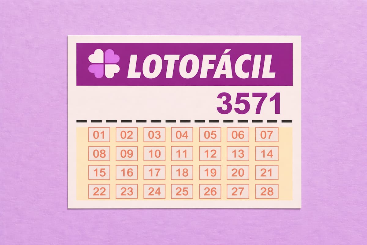 Cartela da Lotofácil com número do concurso 3571 e dezenas organizadas de 01 a 28 em fundo lilás.