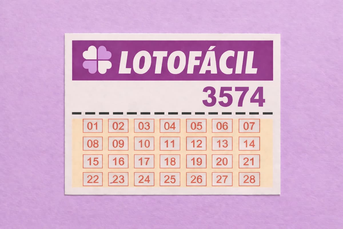 Cartela da Lotofácil concurso 3574 com números de 01 a 28 organizados em grade, sobre fundo lilás.