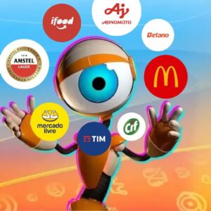Mascote do BBB cercado por logotipos de marcas conhecidas, representando os patrocinadores do BBB 26.