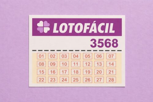 Cartela da Lotofácil concurso 3568, com logo roxo, número do sorteio em destaque e grade com números de 01 a 28.