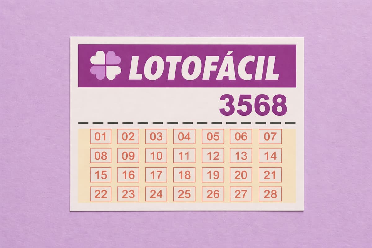 Cartela da Lotofácil concurso 3568, com logo roxo, número do sorteio em destaque e grade com números de 01 a 28.