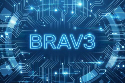 Uma imagem com fundo azul tecnológico, composta por circuitos eletrônicos e linhas de conexão que brilham em tons de ciano. No centro, destaca-se o código "BRAV3" em letras maiúsculas com efeito de neon azul.