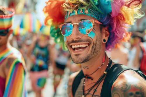 Um homem sorridente de pele clara e barba curta celebra o Carnaval ao ar livre.