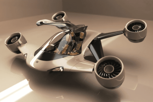 Modelo conceitual de um carro voador de luxo com design futurista na cor bege, possuindo quatro turbinas laterais e cabine aberta com assentos de couro.