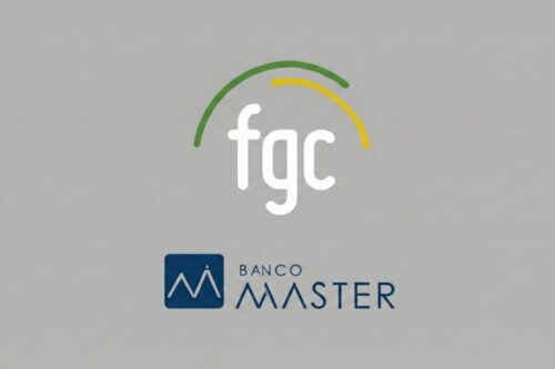 Logotipo do Fundo Garantidor de Créditos (FGC) na parte superior, com letras minúsculas brancas sob um arco verde e amarelo. Abaixo, o logotipo do Banco Master, composto por um ícone azul quadrado com um "M" estilizado e o nome "BANCO MASTER" escrito em letras maiúsculas azuis ao lado. O fundo é cinza claro e neutro.