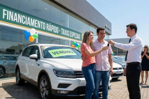 Um casal jovem sorridente recebe as chaves de um carro novo de um vendedor em frente a uma concessionária.