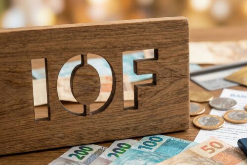 Uma peça de madeira retangular com a sigla "IOF" vazada no centro está em primeiro plano sobre uma mesa de madeira. Ao redor, há diversas cédulas de Real (notas de 200, 100 e 50), moedas brasileiras, um cartão de crédito e parte de um documento bancário, simbolizando tributação e operações financeiras.