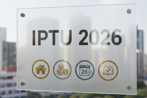 Placa de vidro fosco com o título 'IPTU 2026' em letras pretas.