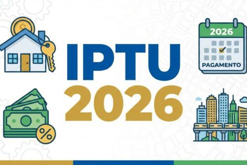 Infográfico sobre o pagamento do IPTU 2026 com ícones de imóveis, finanças e calendário de vencimento.