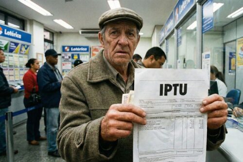 Um homem idoso de expressão séria e cansada segura um carnê de pagamento com a sigla "IPTU" em destaque.