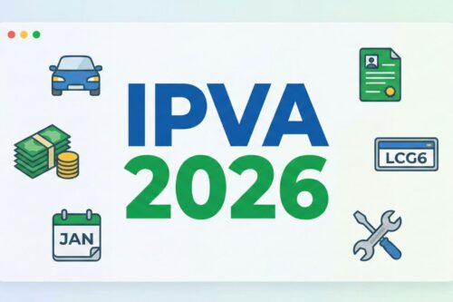 Ilustração gráfica sobre fundo branco com o texto central "IPVA 2026".