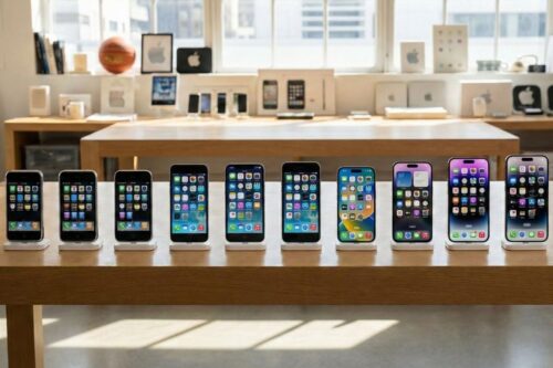 Uma linha cronológica de modelos de iPhone dispostos lado a lado sobre uma mesa de madeira clara em uma Apple Store. A