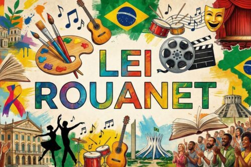 Uma ilustração vibrante e colorida com o título central "LEI ROUANET" em letras grandes e texturizadas. Ao redor do texto, diversos elementos representam a cultura brasileira.