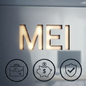 Placa metálica de acabamento escovado com a sigla 'MEI' (Microempreendedor Individual) recortada e iluminada por trás.