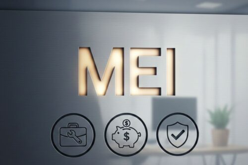 Placa metálica de acabamento escovado com a sigla 'MEI' (Microempreendedor Individual) recortada e iluminada por trás.