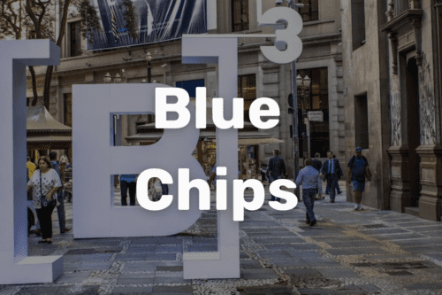 Imagem de símbolo da B3 sobreposta pelo título "Blue Chips"