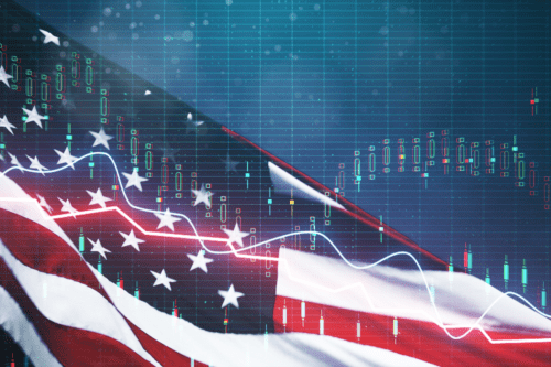 Imagem representando a queda do mercado financeiro dos Estados Unidos com gráficos de bolsa de valores, bandeira americana e tendências de investimento.