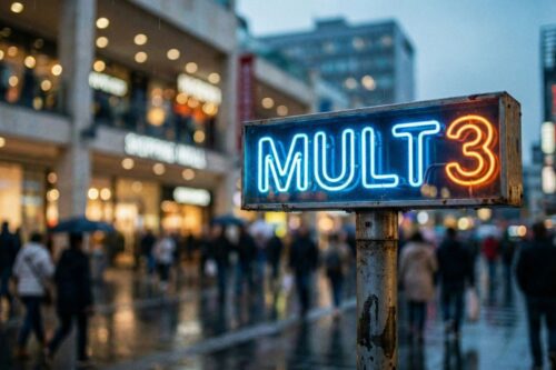 Fotografia urbana em profundidade de campo rasa, destacando uma placa de neon retroiluminada com o código "MULT3" em azul e laranja.