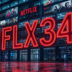 Fachada de um edifício moderno à noite com grandes painéis luminosos. Em destaque, o código "NFLX34" em luzes de neon vermelhas gigantes, acompanhado pelo logotipo da Netflix e cartazes de produções originais.