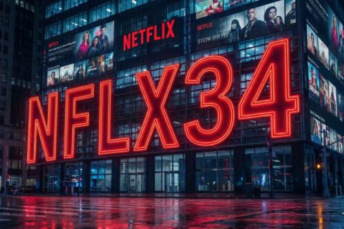 Fachada de um edifício moderno à noite com grandes painéis luminosos. Em destaque, o código "NFLX34" em luzes de neon vermelhas gigantes, acompanhado pelo logotipo da Netflix e cartazes de produções originais.