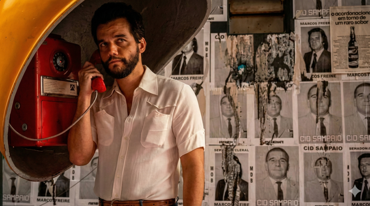 Fotografia em plano médio de Wagner Moura em um cenário retro.
