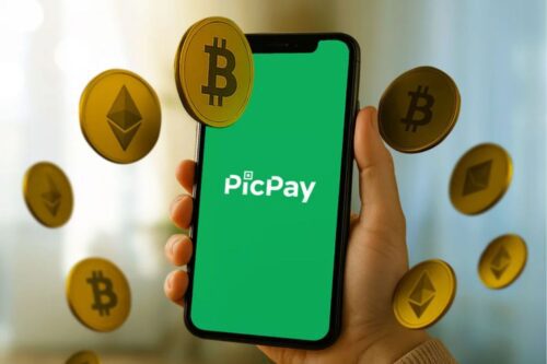 Mão segurando um smartphone com a tela verde exibindo o logotipo branco do PicPay.