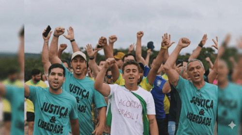 Grupo de manifestantes homens em local aberto com os punhos erguidos e braços levantados.