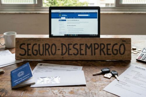 Aqui estão duas opções de texto alt para a imagem, focadas em acessibilidade e clareza: Opção 1 (Descritiva): "Mesa de madeira com diversos itens relacionados ao mercado de trabalho e benefícios. No centro, uma placa de madeira com a inscrição 'SEGURO-DESEMPREGO'.