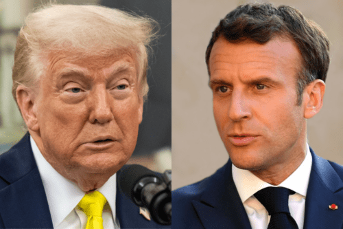 Montagem com fotos de Donald Trump e Emmanuel Macron