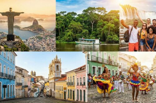 Uma colagem de cinco fotos destacando o turismo no Brasil.