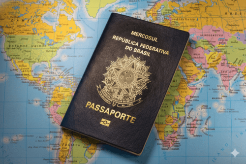 Imagem do passaporte brasileiro em cima do mapa mundi.