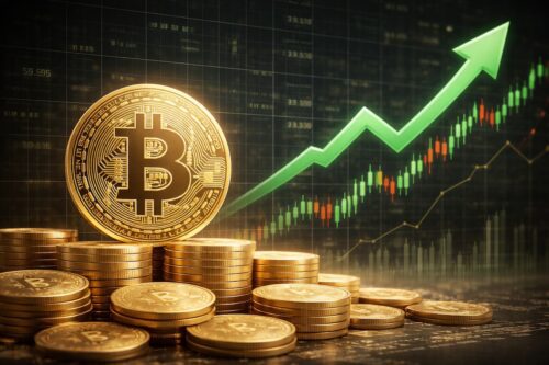 Moedas de Bitcoin em destaque com gráfico em alta ao fundo; Bitcoin sobe com forte valorização no mercado cripto.