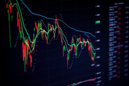 Gráfico de mercado com velas e linhas de tendência em queda, ilustrando a movimentação do ETF EWZ no mercado financeiro.