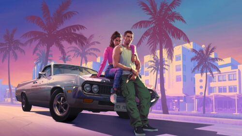 Arte promocional de GTA 6 mostra casal apoiado em carro clássico, com palmeiras e cidade ao fundo em clima tropical.