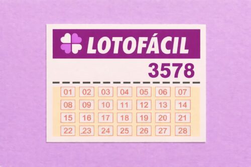 Cartela da Lotofácil concurso 3578 com números de 01 a 28 organizados em grade, sobre fundo lilás.