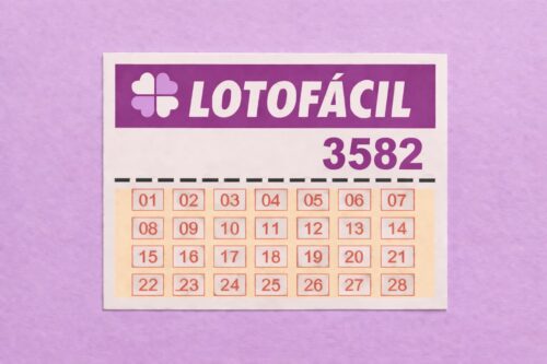 Imagem da Lotofácil concurso 3582, com cartão de apostas exibindo dezenas numeradas em linhas sobre fundo roxo claro.
