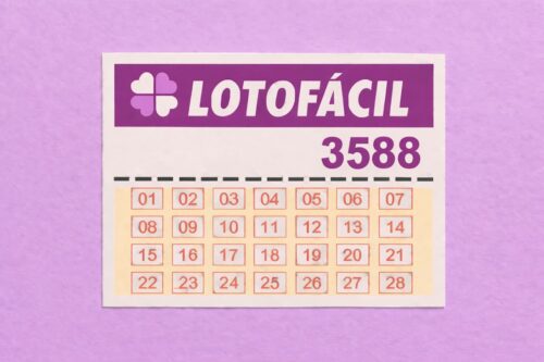 Cartela da Lotofácil do concurso 3588, com números de 01 a 28 em grade, sobre fundo roxo claro.