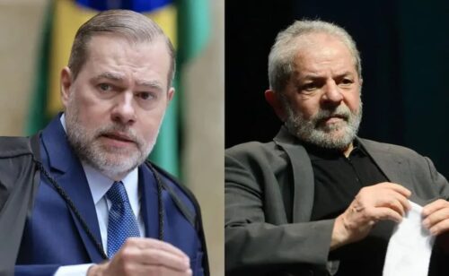 Duas autoridades brasileiras em imagens lado a lado: presidente Lula em ambiente institucional e Toffoli em palco, ambas com expressão séria.