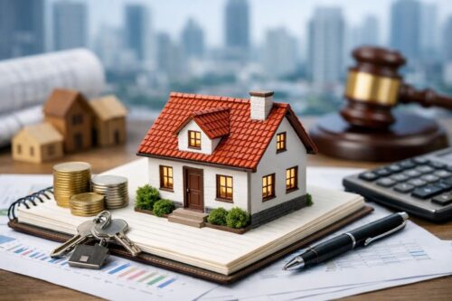 Casa em miniatura sobre documentos e moedas representa ITBI e reforma tributária, com impacto no mercado imobiliário.