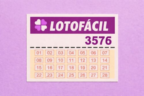 Cartela da Lotofácil concurso 3576, com números de 01 a 28 organizados em grade, sobre fundo roxo claro.