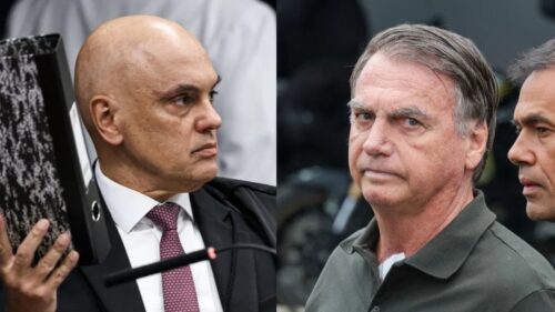Montagem de Alexandre de Moraes e Jair Bolsonaro, relacionada ao STF e ao caso de Jair Bolsonaro sendo transferido para a Papudinha.