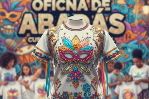 Imagem promocional de uma "Oficina de Abadás". Em destaque, um manequim exibe um abadá branco customizado com pedrarias coloridas, brilhos e o desenho de uma máscara de Carnaval centralizada.