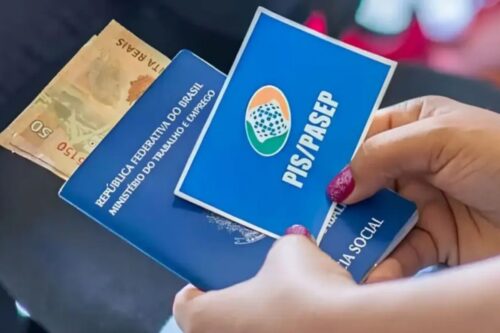 Primeiro plano das mãos de uma pessoa segurando uma Carteira de Trabalho azul e um cartão do PIS/PASEP.
