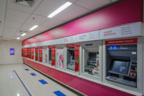 Área de autoatendimento de uma agência bancária do Bradesco. Fileira de caixas eletrônicos inseridos em uma parede com painéis nas cores rosa e branco, exibindo sinalizações de serviços como saques, depósitos e pagamentos.