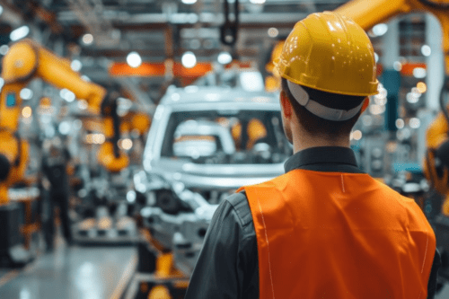 Foto tirada de costas de um trabalhador industrial usando capacete de segurança amarelo e colete reflexivo laranja. Ele observa uma linha de montagem automatizada de veículos, onde braços robóticos amarelos operam ao redor da estrutura de um carro prateado. O ambiente de fábrica é amplo, iluminado e moderno.