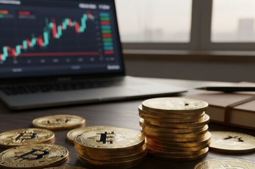 Moedas físicas douradas de Bitcoin empilhadas e espalhadas sobre uma mesa de madeira escura.