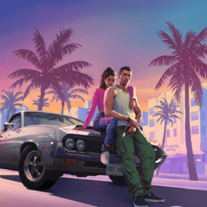 Ilustração estilizada em tons de rosa, roxo e laranja do jogo Grand Theft Auto VI (GTA 6). Um casal de protagonistas, Lucia e Jason, está encostado em um carro clássico prata com marcas de tiros. Lucia está sentada no capô e Jason em pé ao lado dela segurando uma arma. O cenário ao fundo apresenta palmeiras e edifícios de Miami (Vice City) sob um pôr do sol vibrante.