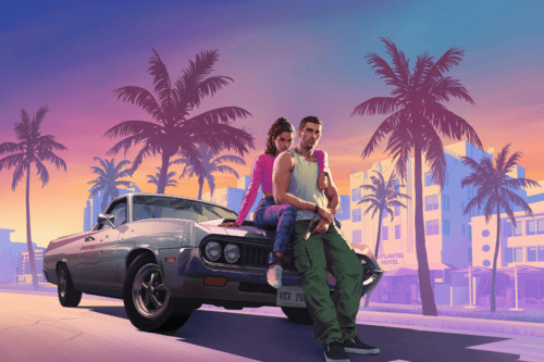 Ilustração estilizada em tons de rosa, roxo e laranja do jogo Grand Theft Auto VI (GTA 6). Um casal de protagonistas, Lucia e Jason, está encostado em um carro clássico prata com marcas de tiros. Lucia está sentada no capô e Jason em pé ao lado dela segurando uma arma. O cenário ao fundo apresenta palmeiras e edifícios de Miami (Vice City) sob um pôr do sol vibrante.