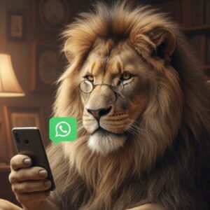 Ilustração realista de um leão de óculos sentado em uma poltrona clássica, segurando um smartphone. Ao lado do aparelho, flutua o ícone verde do WhatsApp.