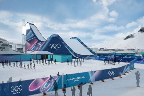 Representação visual (renderização) de uma das arenas de neve para os Jogos Olímpicos de Inverno de Milão-Cortina 2026.